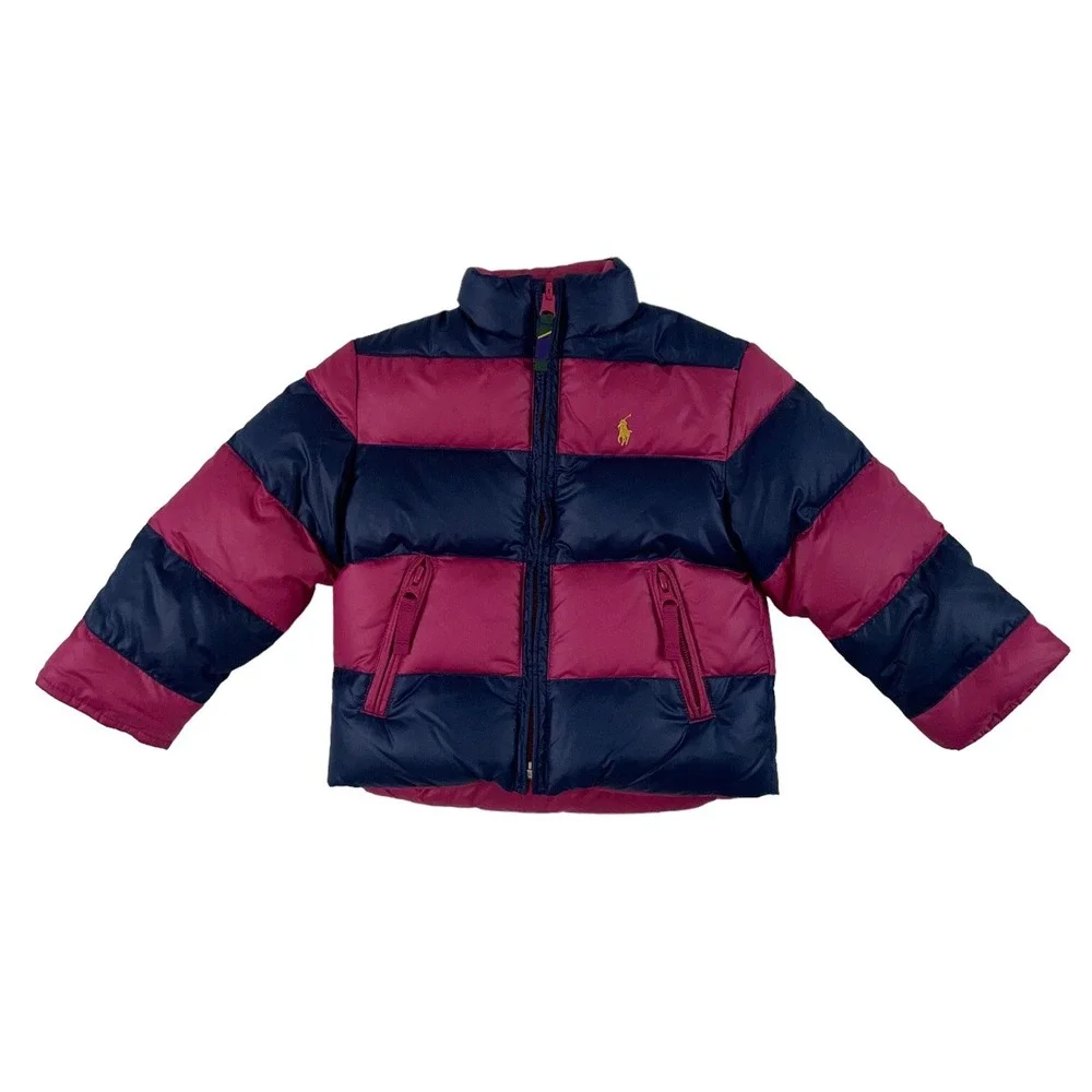Ralph Lauren Girls Reversible Down Puffer Jacket Navy Pink Stripe 2T Coat